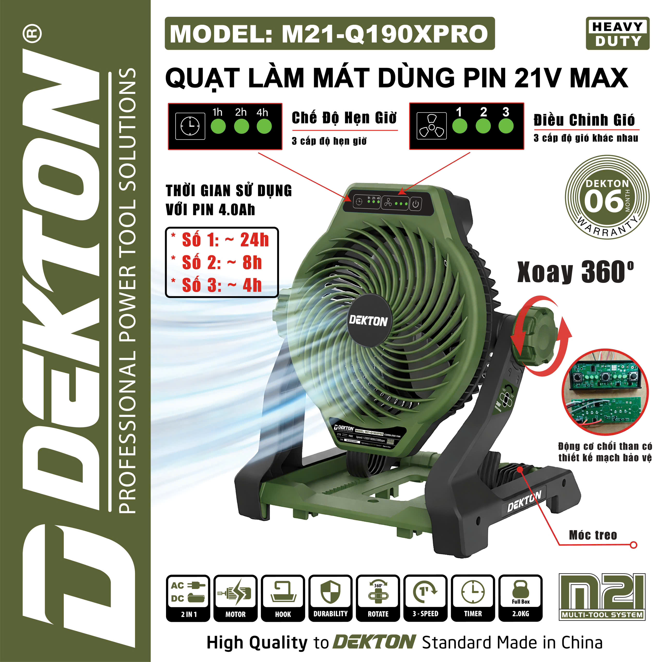QUẠT ĐỂ BÀN DÙNG PIN 21V DEKTON M21-Q190XPRO (CHƯA PIN, SẠC)