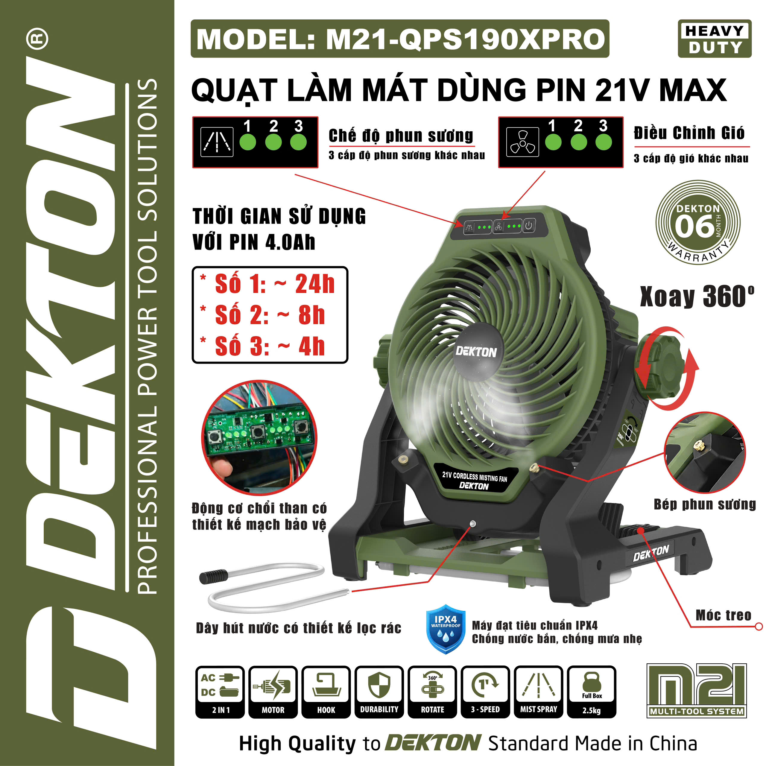 QUẠT ĐỂ BÀN PHUN SƯƠNG DÙNG PIN 21V DEKTON M21-QPS190XPRO (CHƯA PIN, SẠC)
