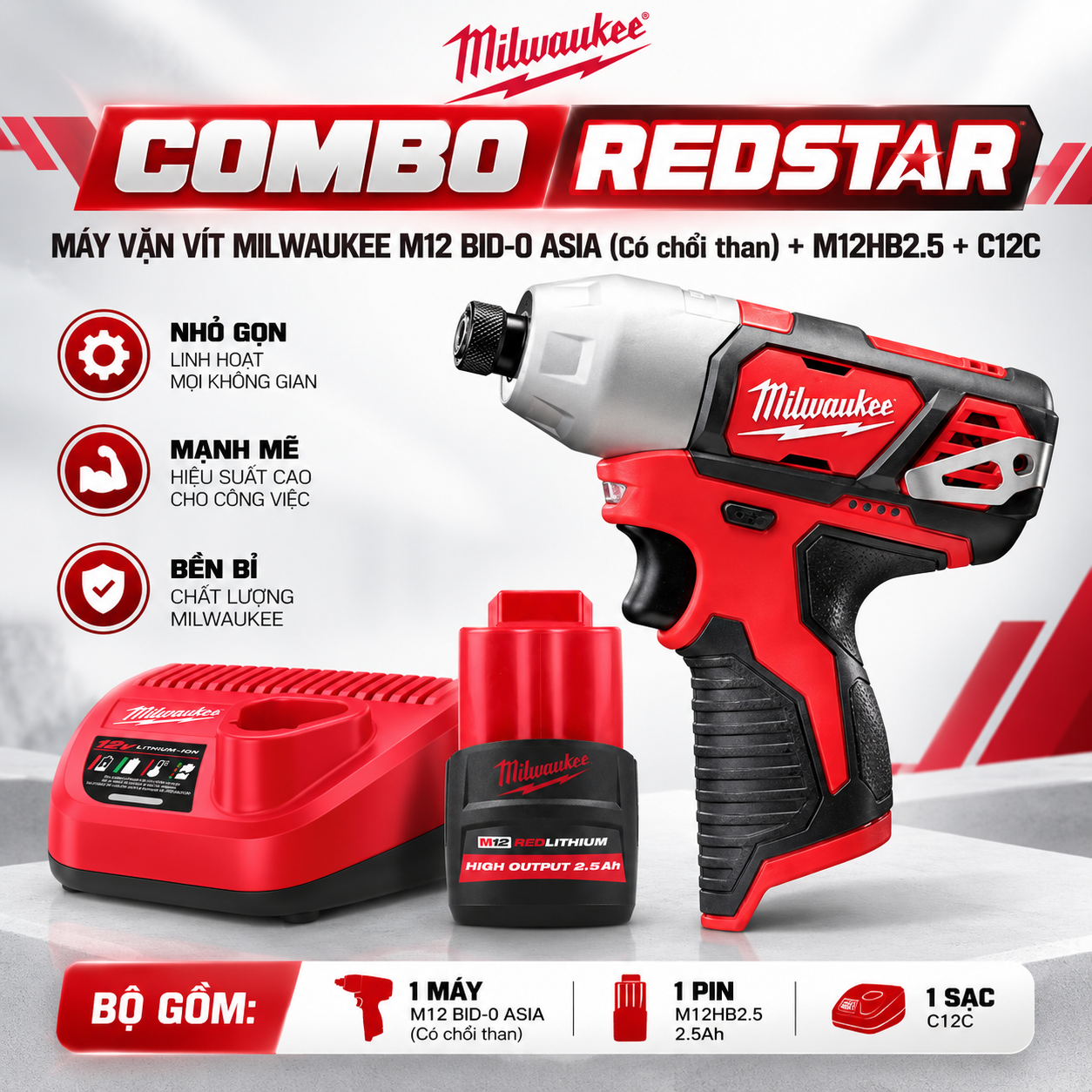 REDSTAR MÁY VẶN VÍT MILWAUKEE M12 BID-0 ASIA (Có chổi than) + M12HB2.5 +C12C