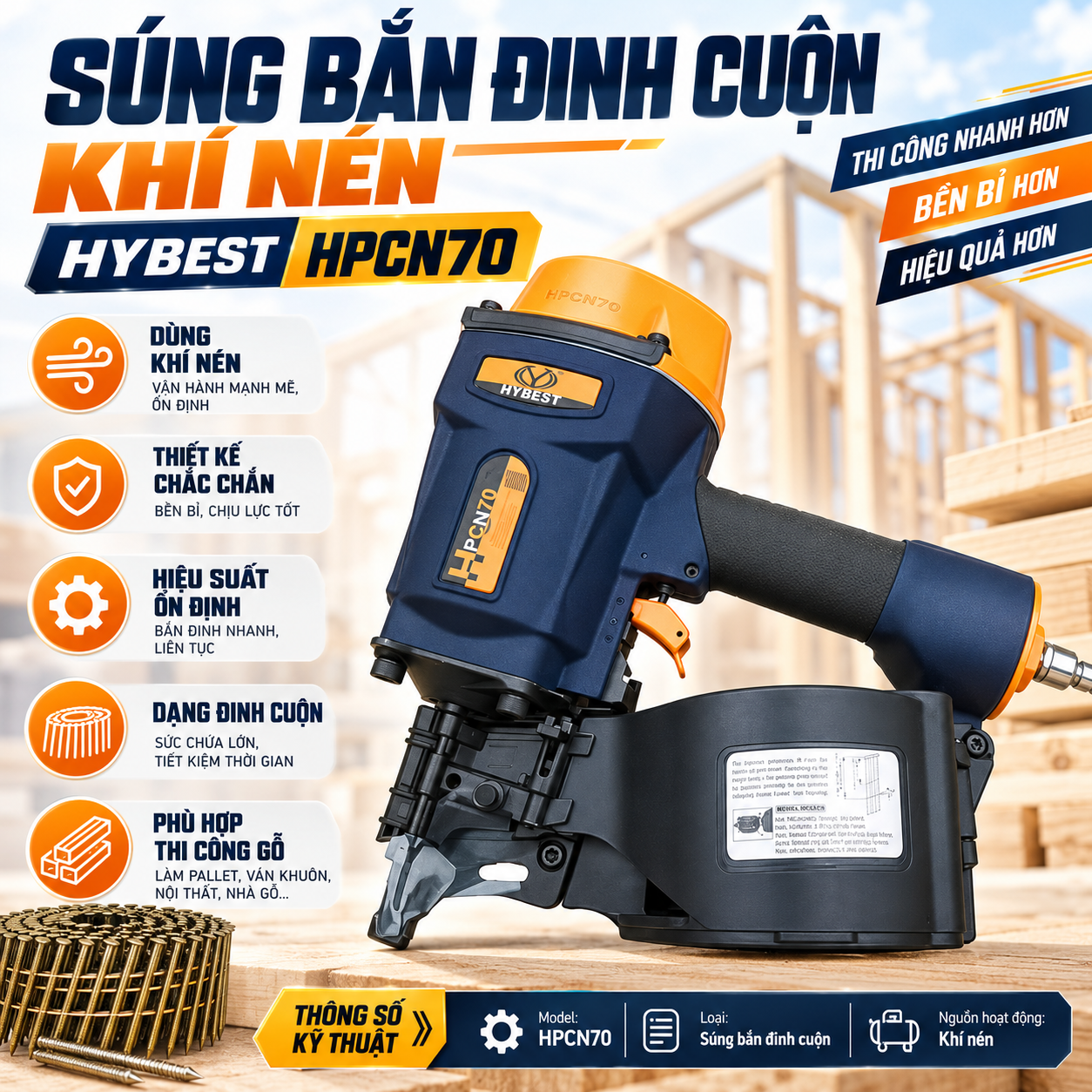 SÚNG BẮN ĐINH CUỘN KHÍ NÉN HYBEST HPCN70