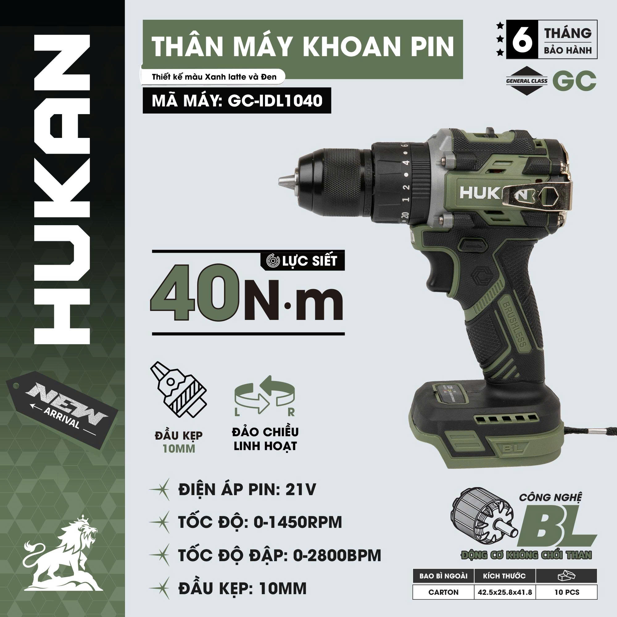 THÂN MÁY KHOAN PIN 3 CHỨC NĂNG ĐẦU KẸP 10MM 40N.M HUKAN GC-IDL1040