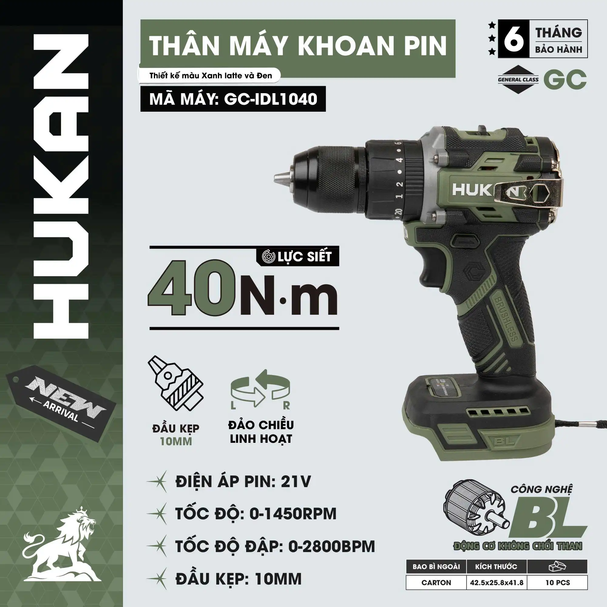 THÂN MÁY KHOAN PIN 3 CHỨC NĂNG ĐẦU KẸP 10MM 40N.M HUKAN GC-IDL1040