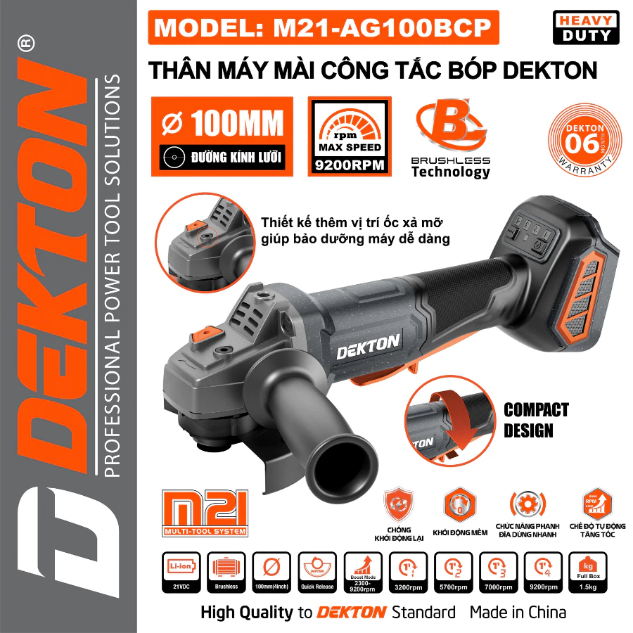 THÂN MÁY MÀI CẦM TAY DÙNG PIN 21V DEKTON M21-AG100BCP (CHƯA PIN, SẠC)