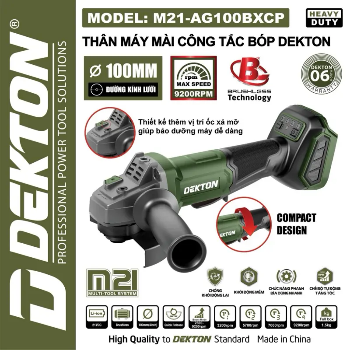 THÂN MÁY MÀI CẦM TAY DÙNG PIN 21V DEKTON M21-AG100BXCP (MÀU OLIVE)