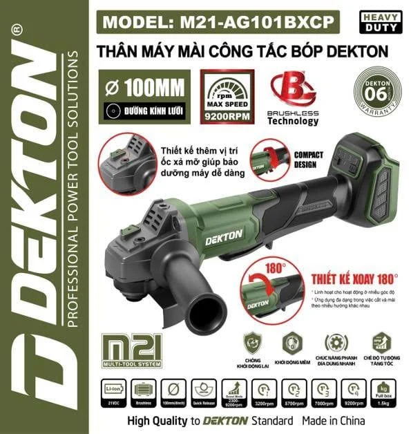 THÂN MÁY MÀI CẦM TAY DÙNG PIN 21V DEKTON M21-AG101BXCP (MÀU OLIVE)
