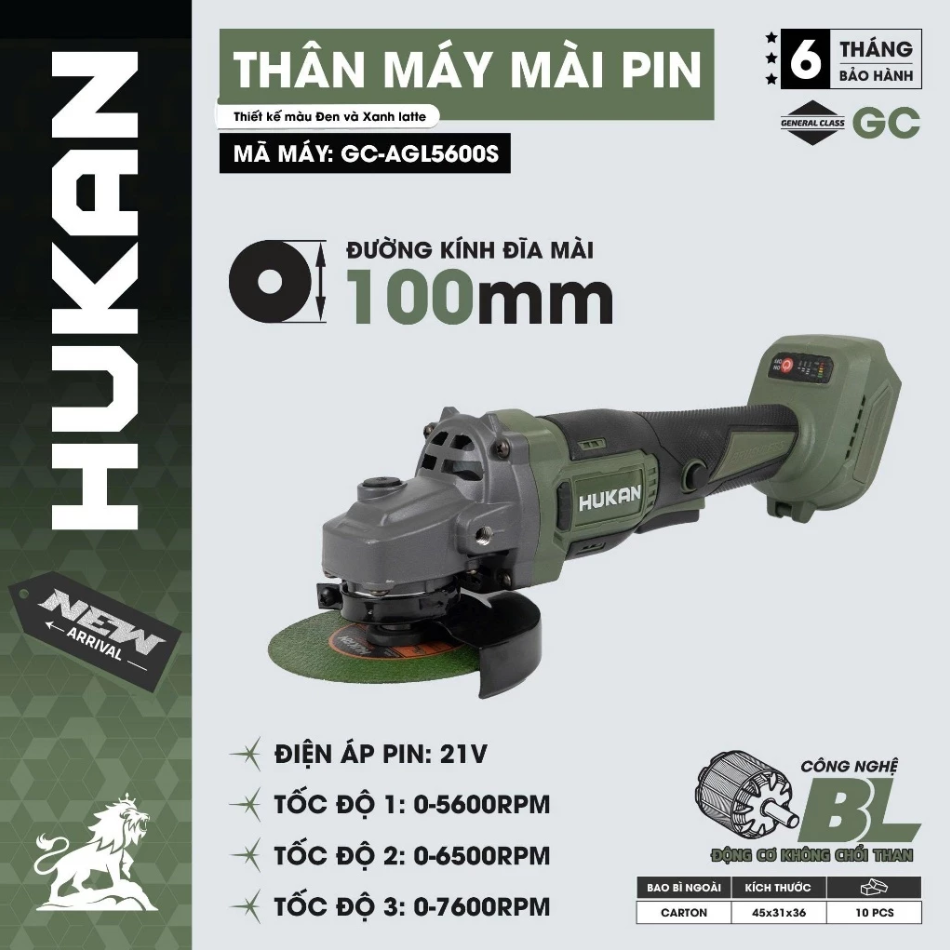 THÂN MÁY MÀI GÓC DÙNG PIN 21V HUKAN GC-AGL5600S (CHƯA GỒM PIN, SẠC)