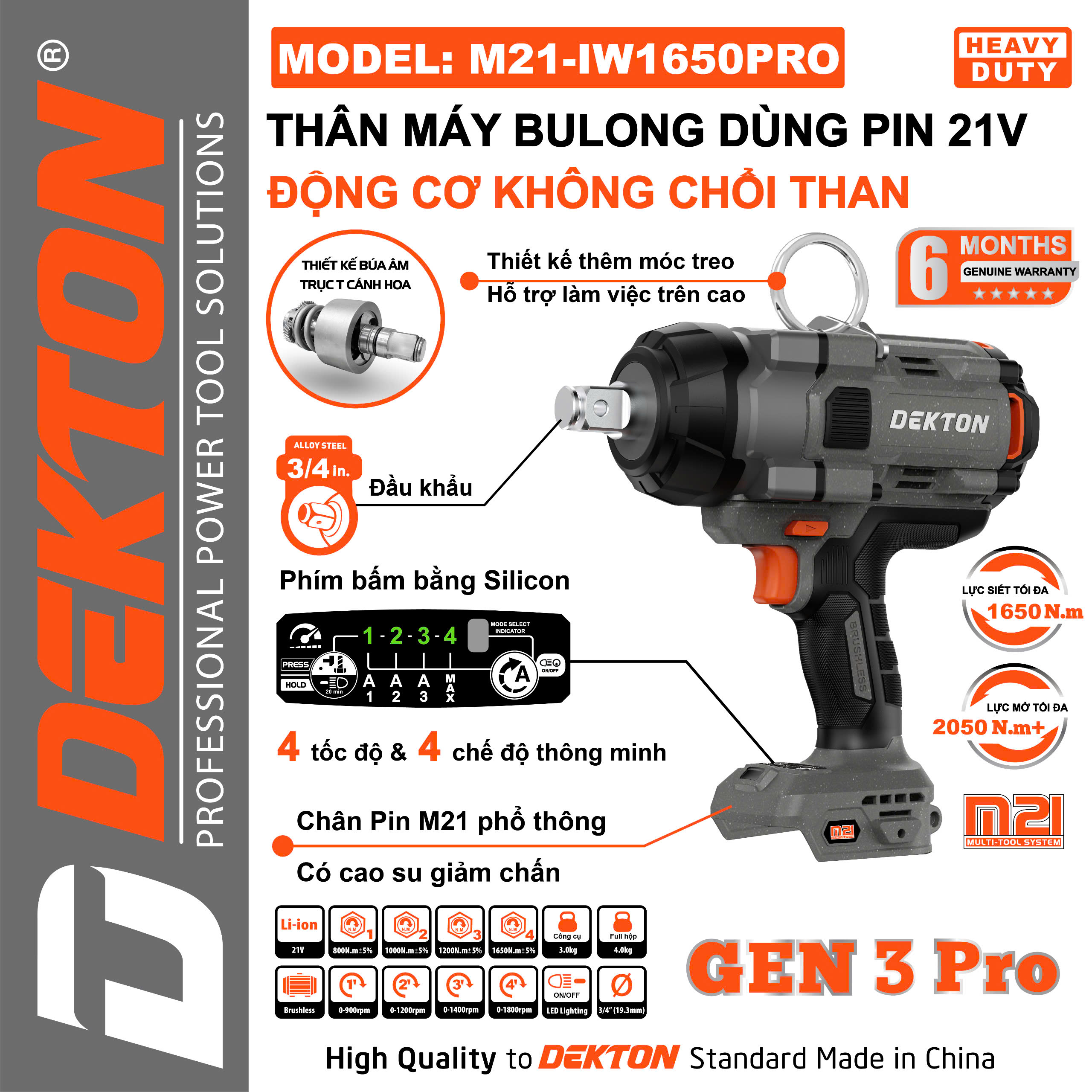 THÂN MÁY SIẾT BULONG DÙNG PIN 21V DEKTON M21-IW1650PRO