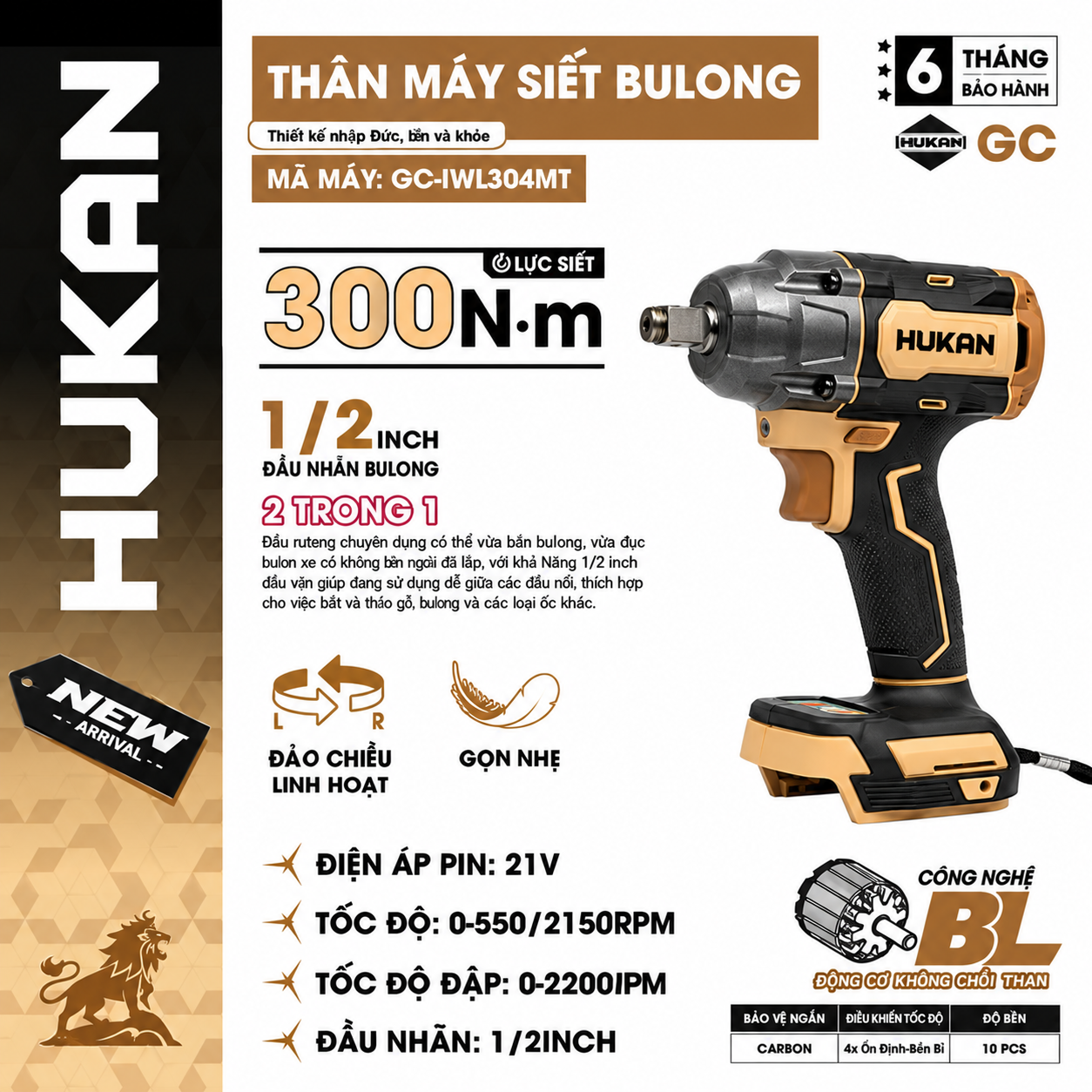 THÂN MÁY SIẾT BULONG DÙNG PIN 21V HUKAN GC-IWL304MT (CHƯA GỒM PIN, SẠC)