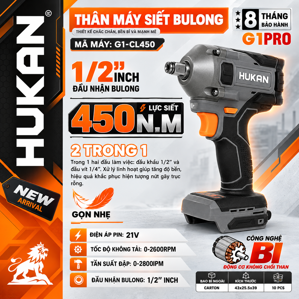 THÂN MÁY SIẾT BULONG PIN ĐẦU 2IN1 HUKAN G1-CL450