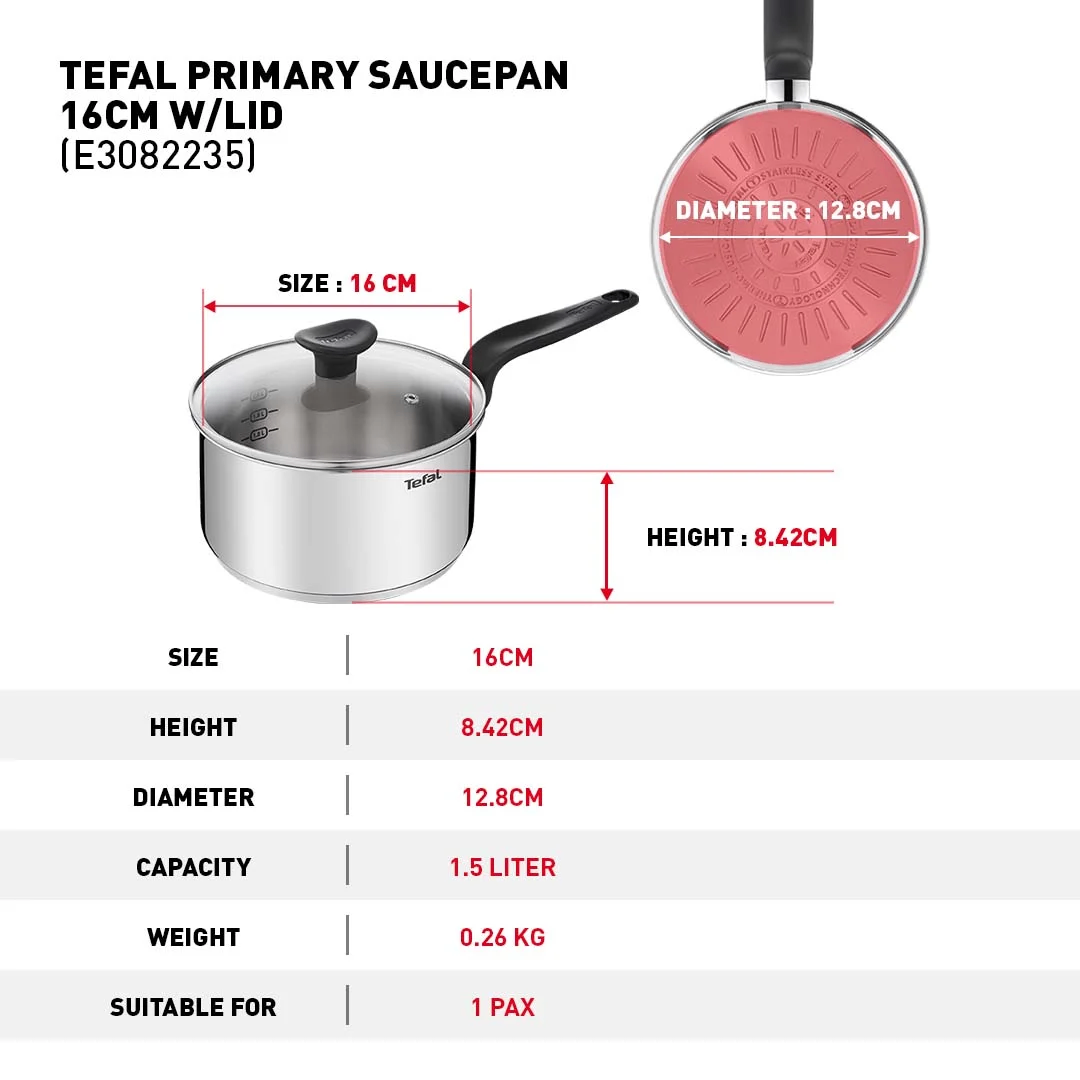 Nồi cán dài quánh chống dính đáy từ Tefal Primary E3082235 16cm