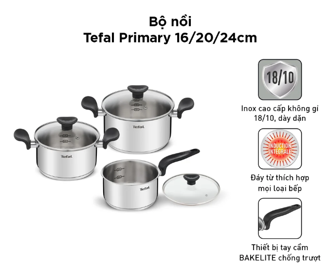 Bộ nồi inox Tefal Primary E3086S74 16/20/24cm