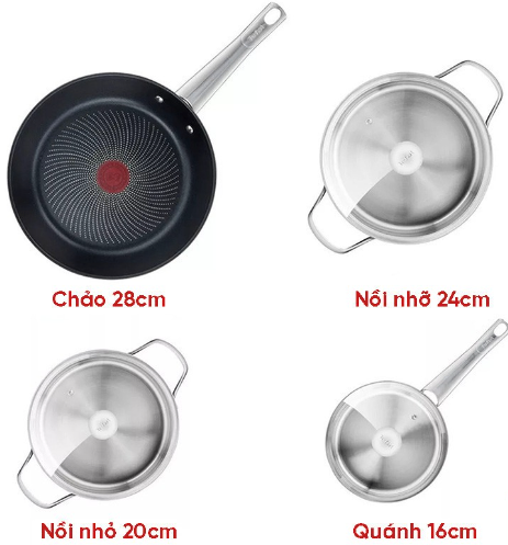 Bộ nồi chảo Inox cao cấp đáy từ Tefal Cook Eat B922S784 (16, 20, 24, 28cm)