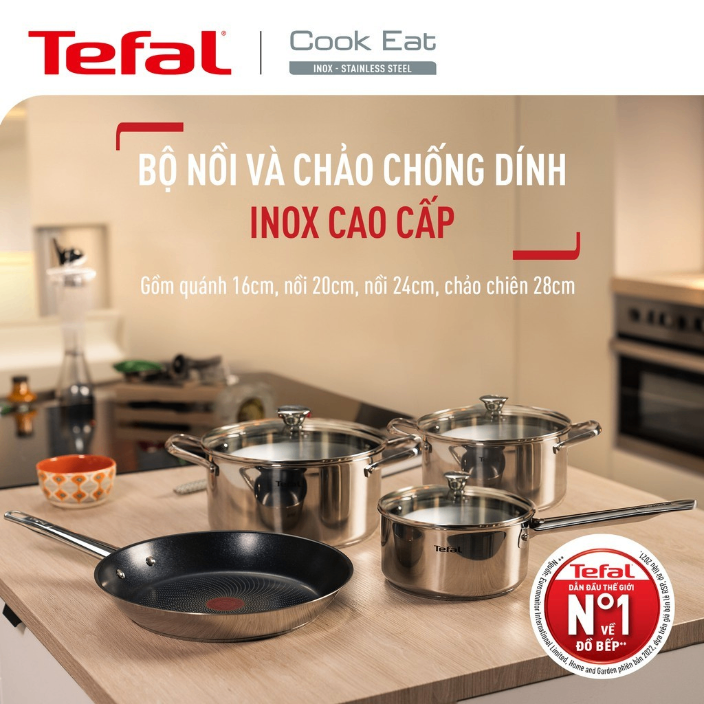 Bộ nồi chảo Inox cao cấp đáy từ Tefal Cook Eat B922S784 (16, 20, 24, 28cm)