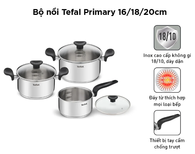 Bộ nồi inox Tefal Primary E308S674 16/18/20cm