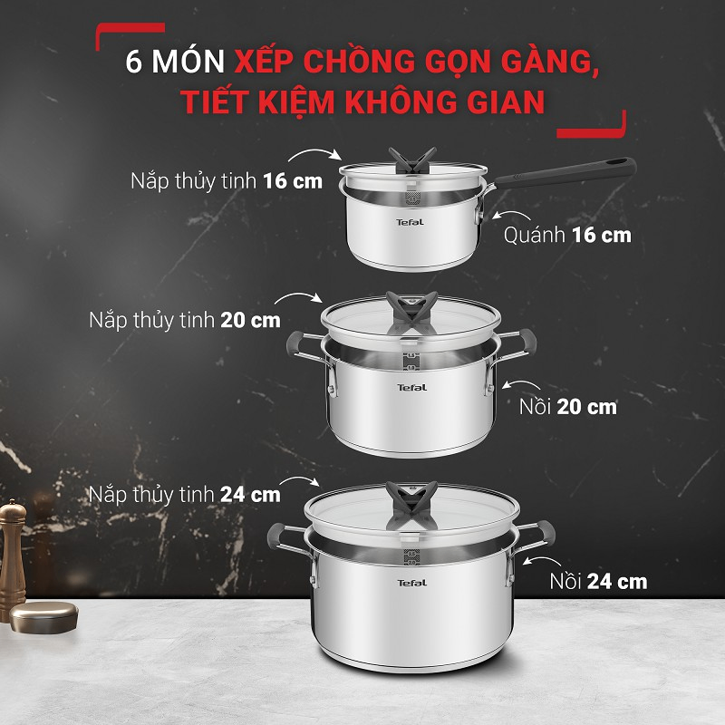 Bộ 3 nồi inox đáy từ Tefal Optispace G7376S44 cao cấp (16cm, 20cm, 24cm)