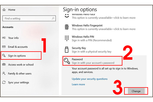 Cách đặt mật khẩu máy tính trên Windows 10