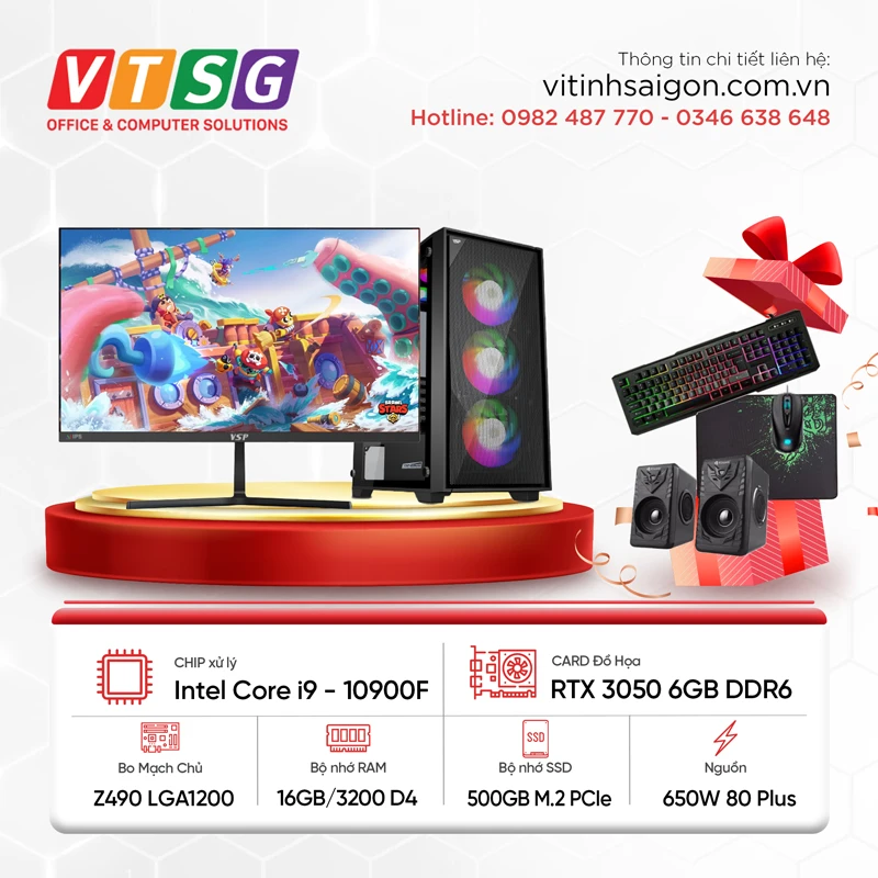 Máy Tính Chơi Game i9-10900F/SSD 500GB/RTX-3050