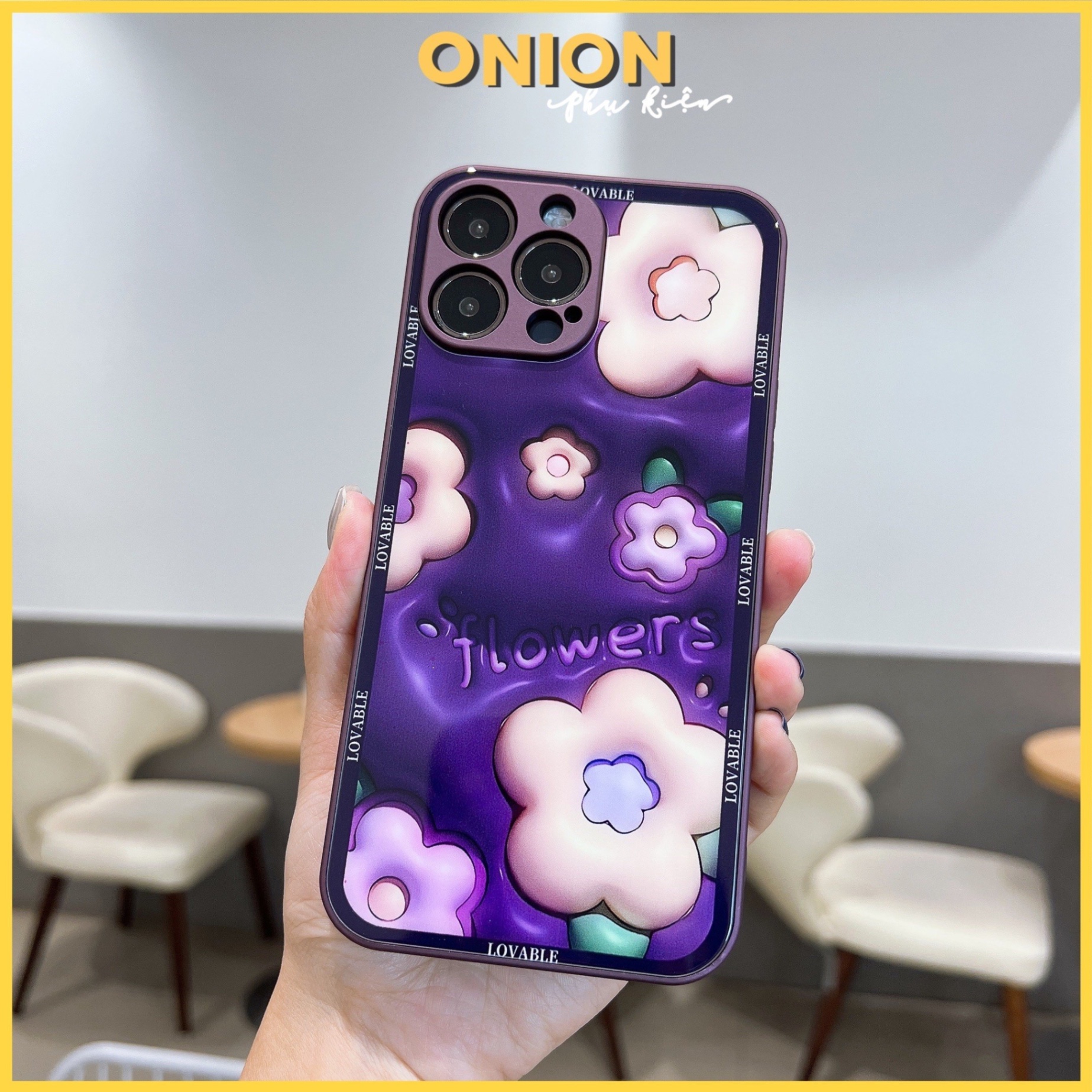 Ốp Flowers Tím 3D Lưng kính