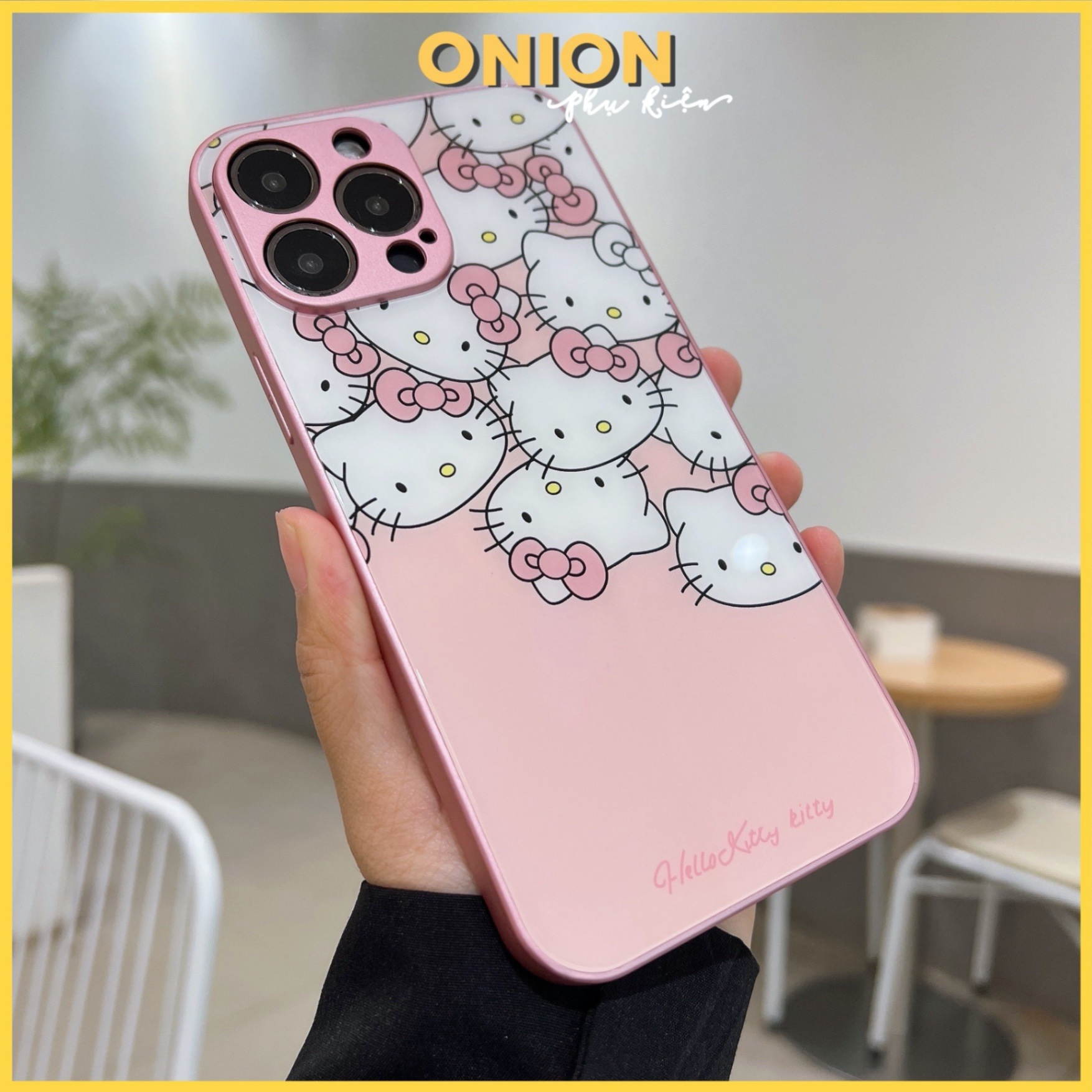 Ốp Hello Kitty lưng kính hồng