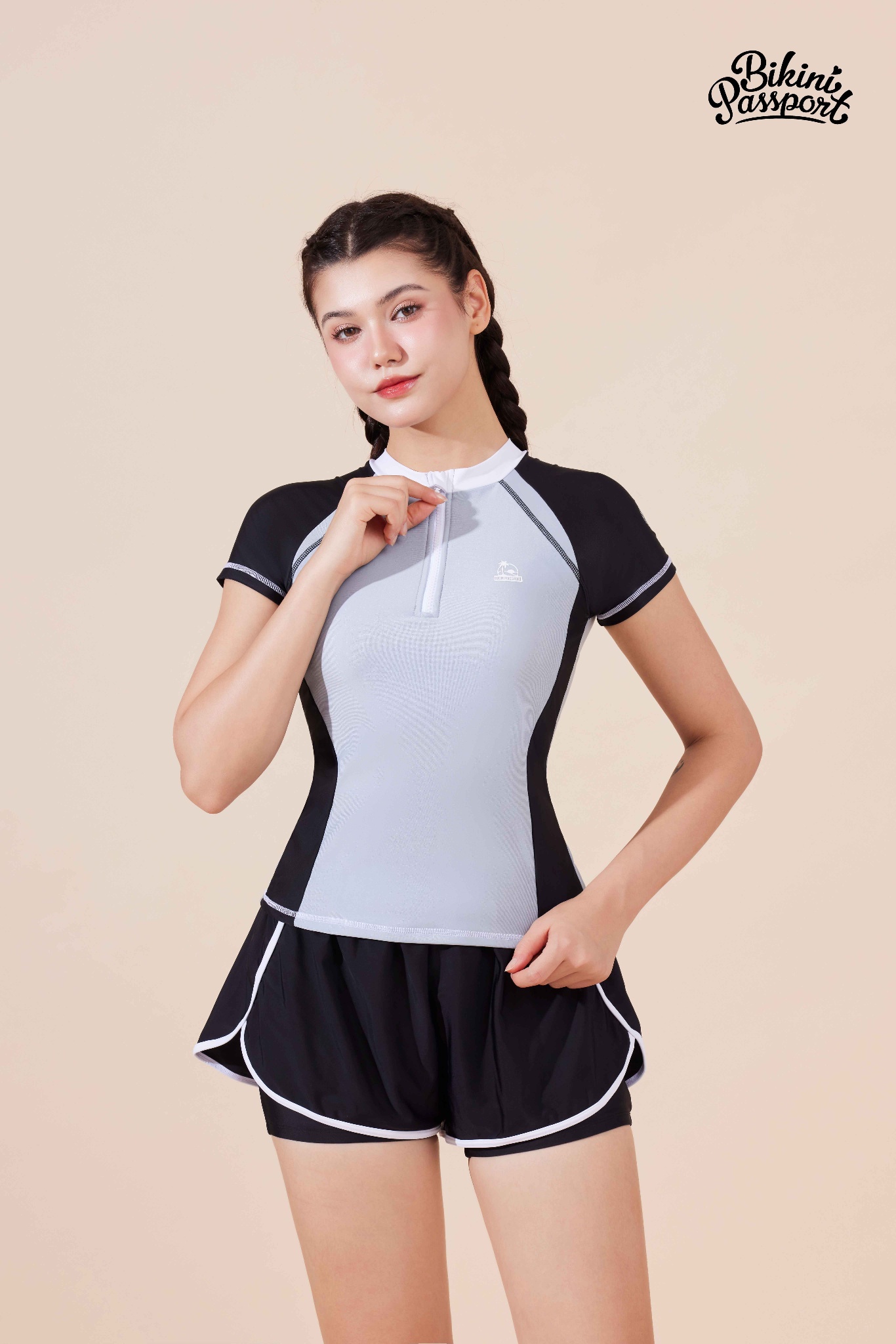 Đồ bơi BIKINI PASSPORT hai mảnh short tay ngắn - Đen Xám