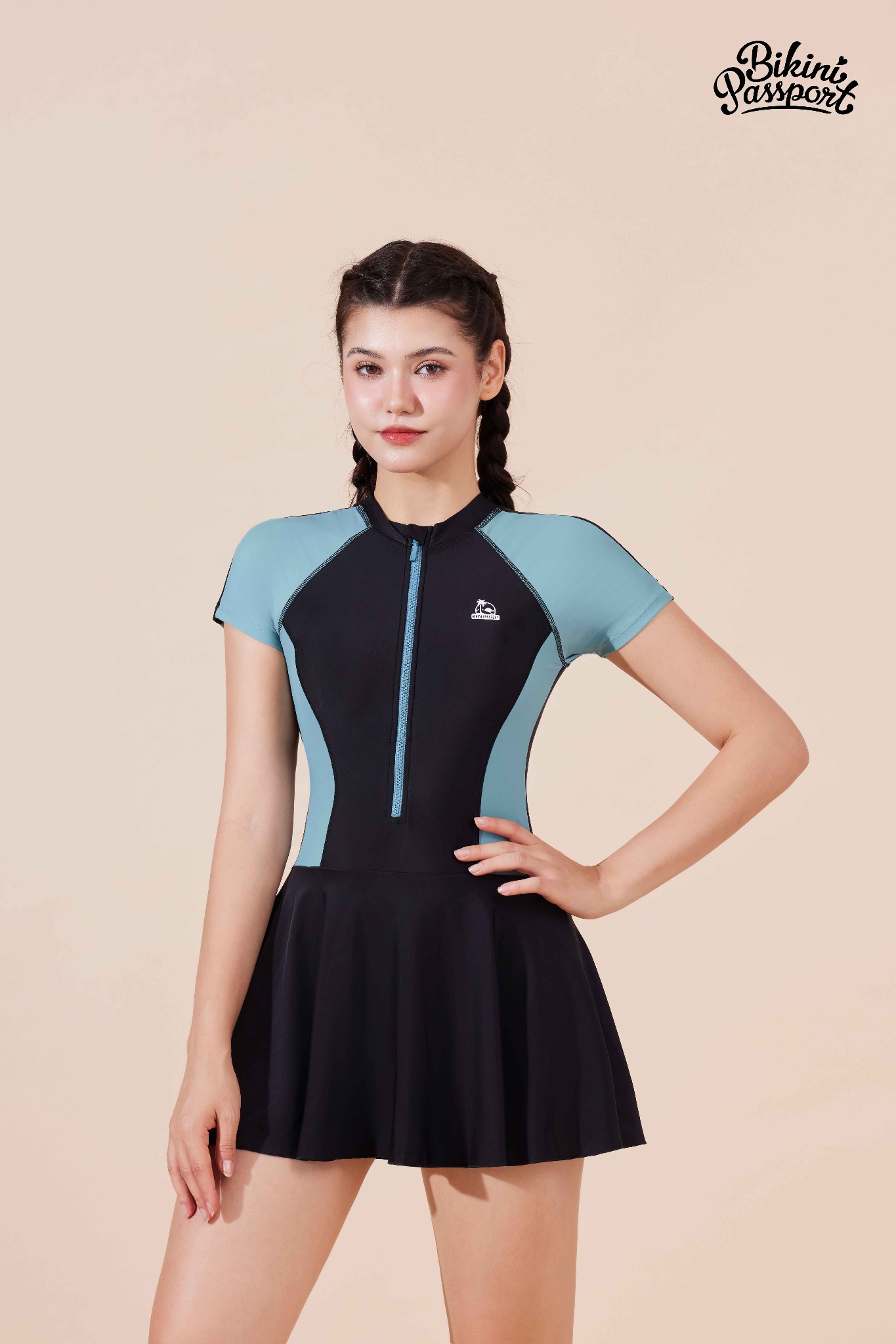 Đồ bơi BIKINI PASSPORT một mảnh váy tay ngắn - Đen Xanh