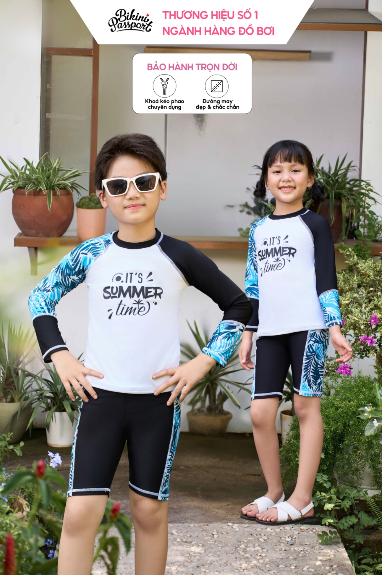 Đồ bơi Unisex cho bé dạng quần lửng, áo có tay - Trắng họa tiết