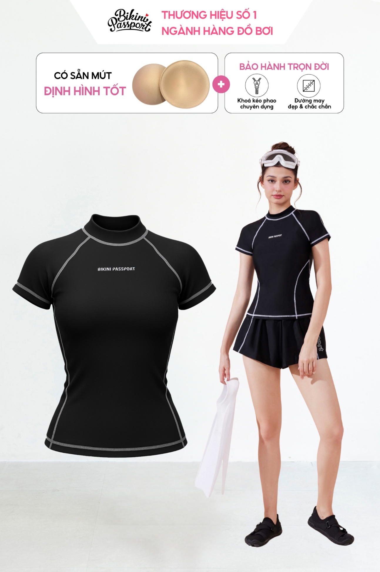 Áo bơi BIKINI PASSPORT tay ngắn may 4 kim - Đen Trắng