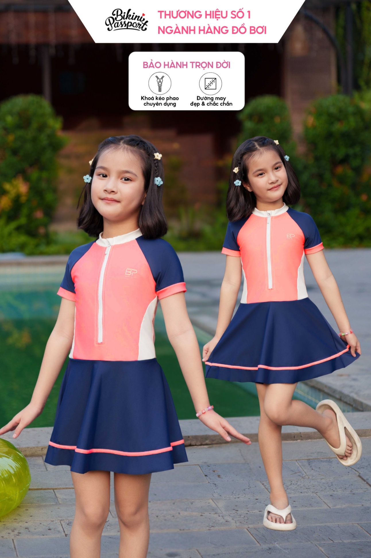 Đồ bơi bé Gái dạng váy áo tay ngắn, có khóa - Hồng