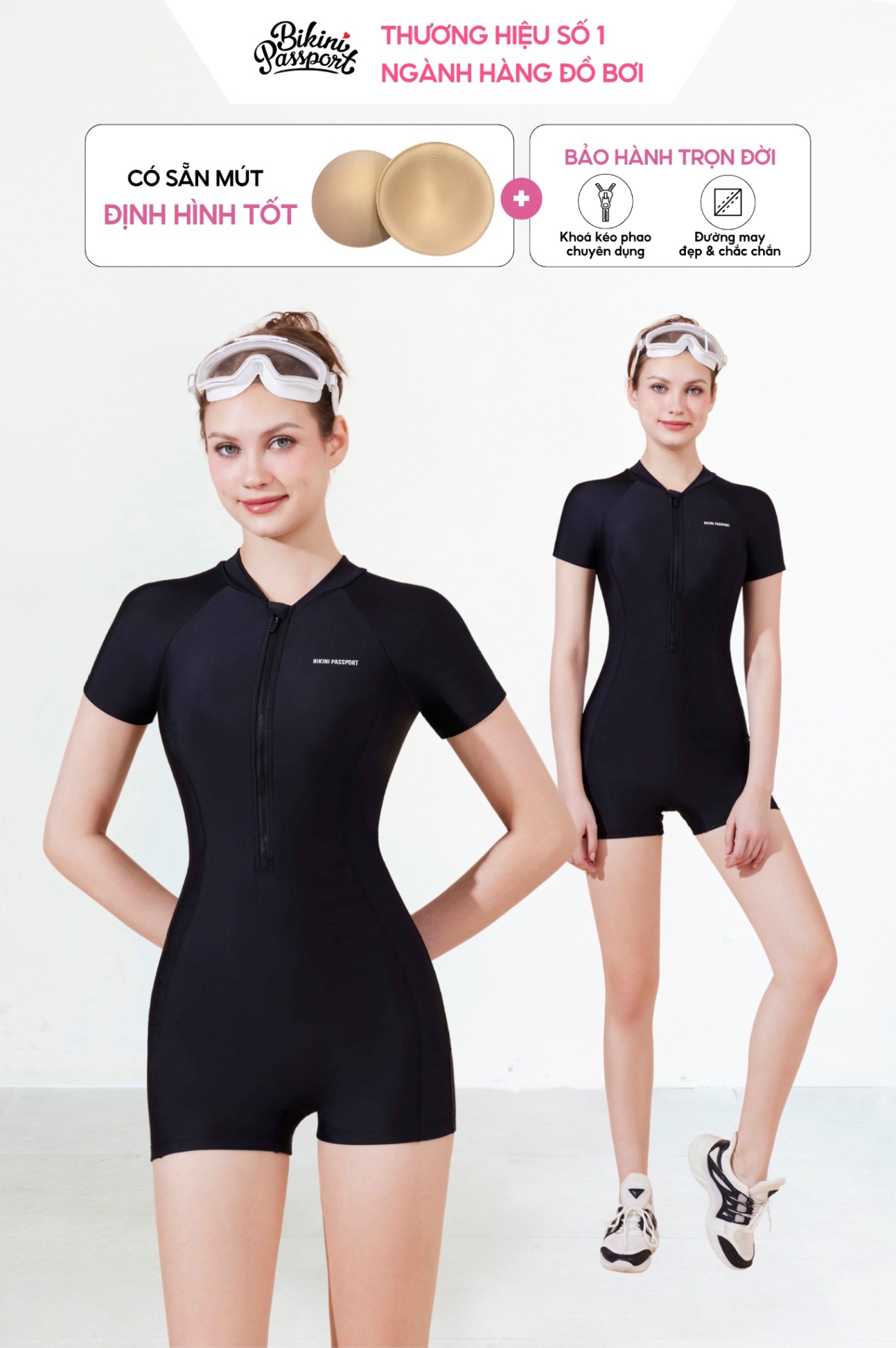Đồ bơi NỮ BIKINI PASSPORT kiểu Một mảnh quần short, áo tay ngắm có khóa - màu Đen
