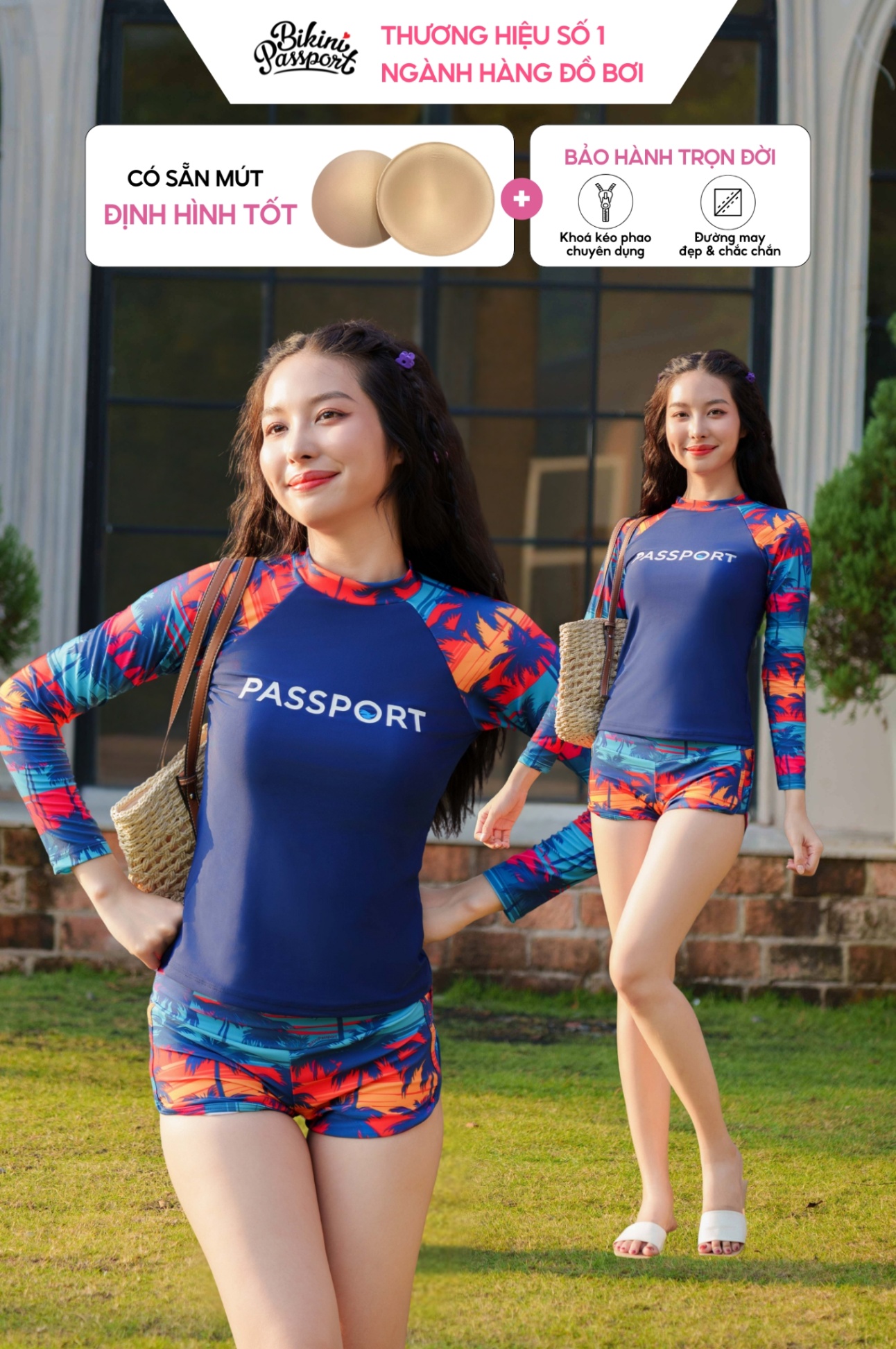 Đồ bơi Nữ BIKINI PASSPORT kiểu Quần short, áo tay dài Logo - màu Khác