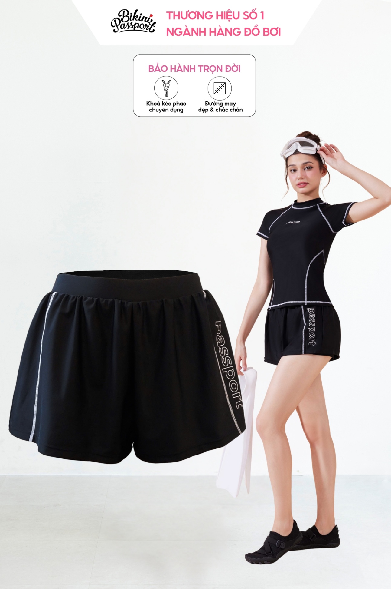 Quần bơi BIKINI PASSPORT kiểu rộng 2 lớp - Đen