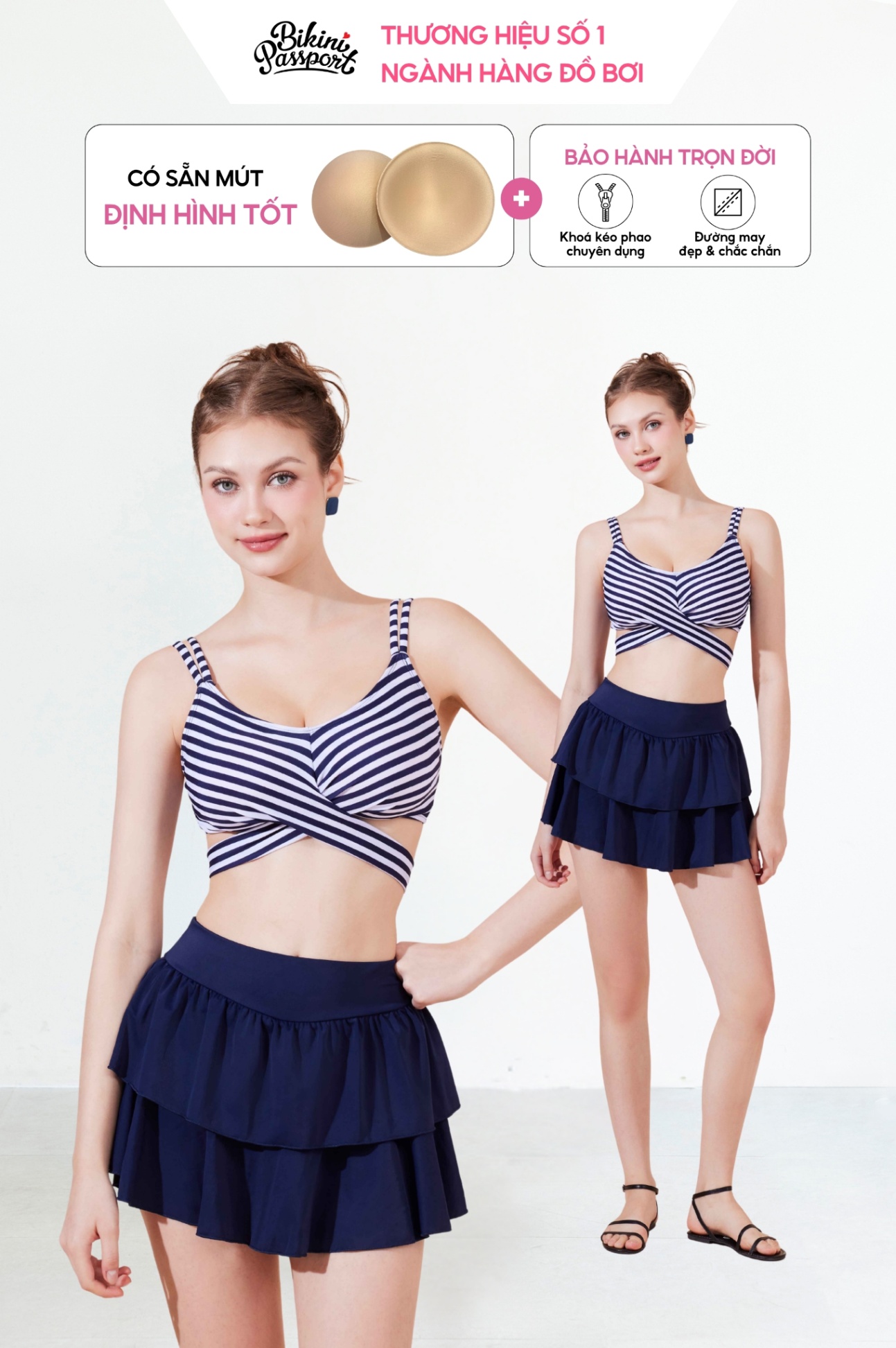 Đồ bơi BIKINI PASSPORT hai mảnh váy bồng bềnh - Xanh Trắng