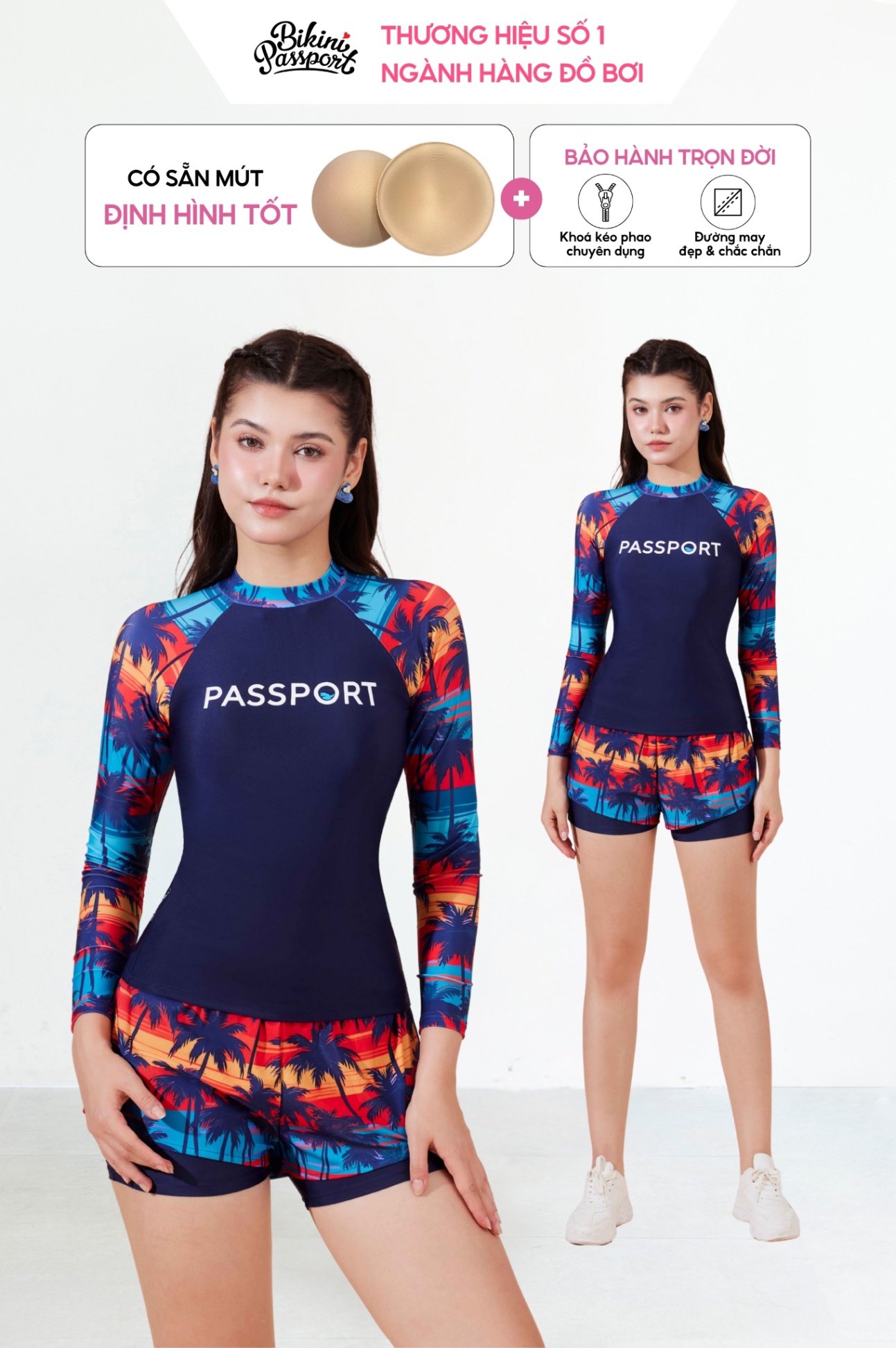 Đồ bơi hai mảnh short, áo tay dài Logo - Xanh Hoa lá