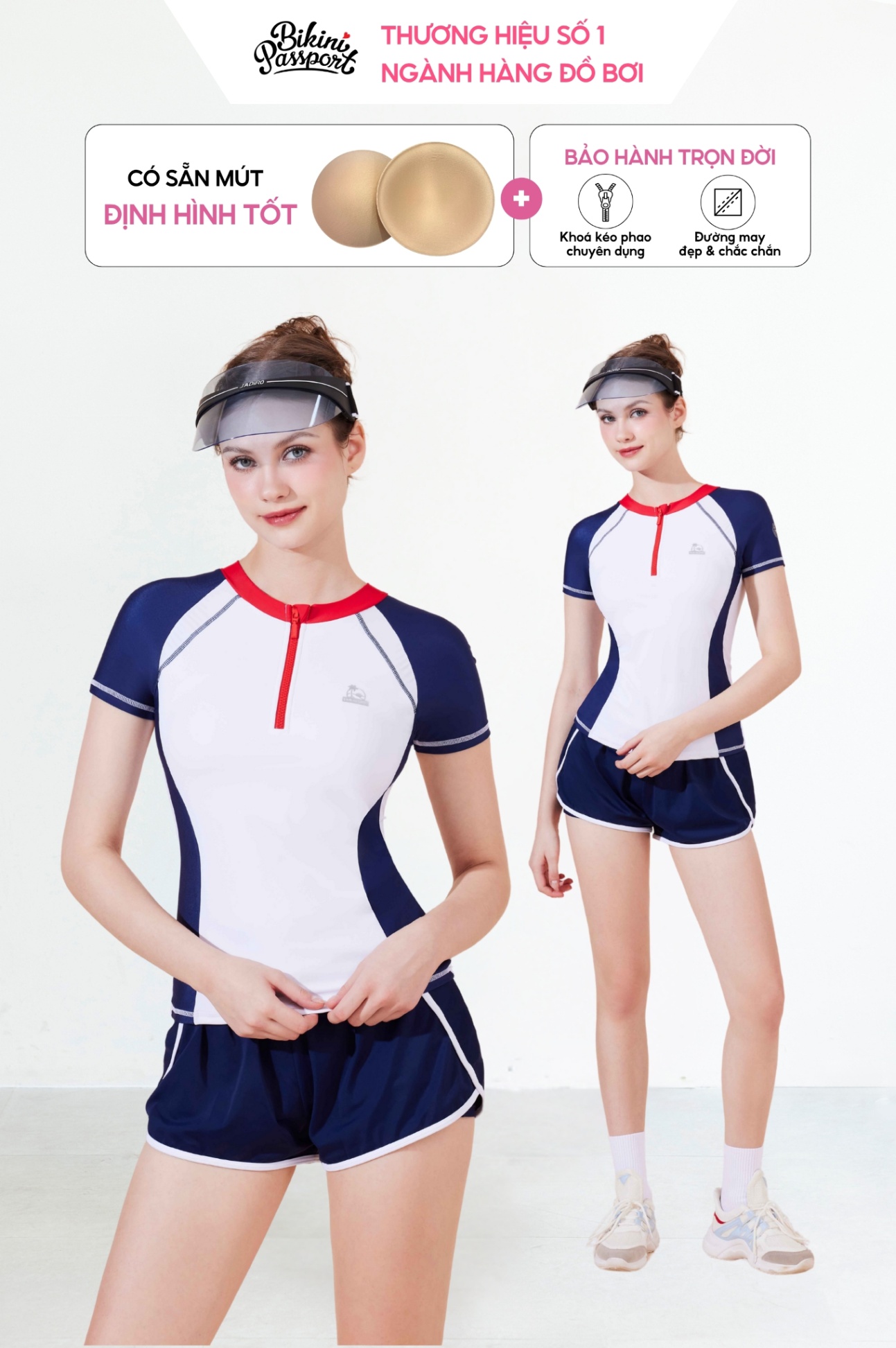Đồ bơi BIKINI PASSPORT hai mảnh short tay ngắn - Xanh Trắng