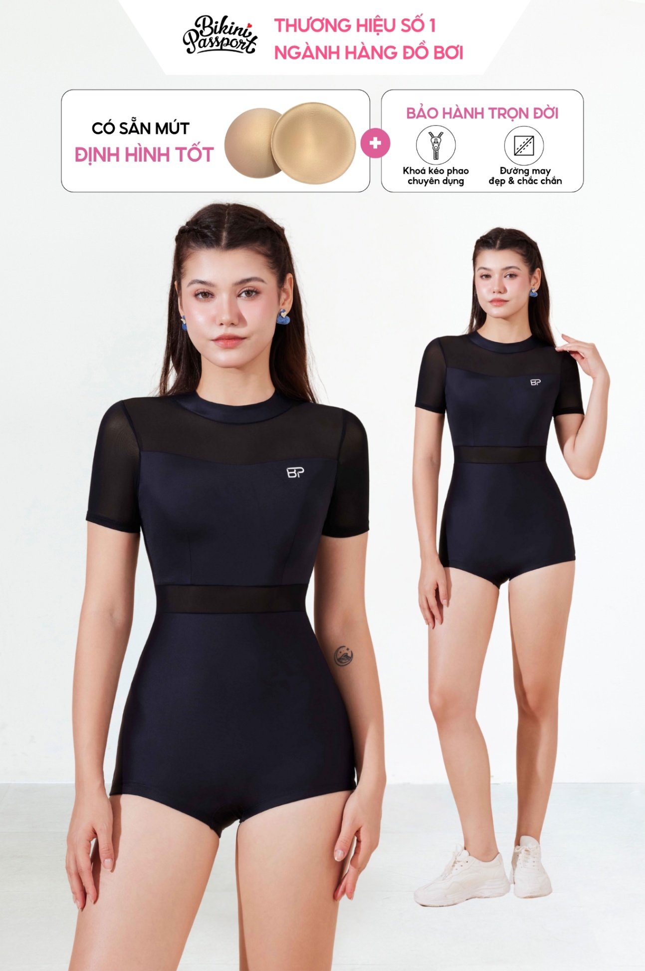 Đồ bơi Nữ BIKINI PASSPORT kiểu Một mảnh tay ngắn kín đáo, phối lưới cách điệu - màu Đen