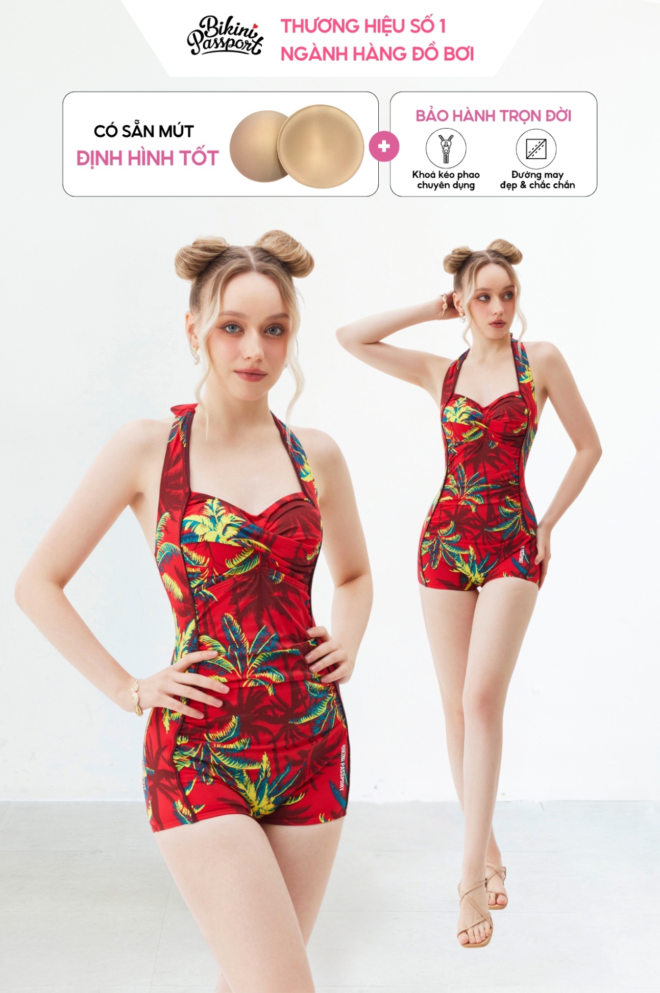 Đồ bơi Nữ BIKINI PASSPORT kiểu Một mảnh quần short & nhún- màu Đỏ