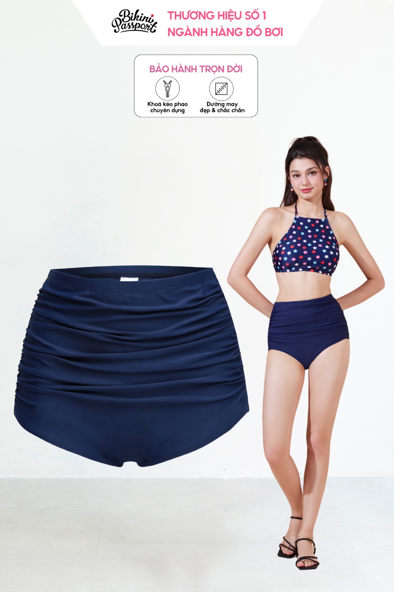 Quần bơi Lẻ NỮ BIKINI PASSPORT kiểu Lưng cao nhún trước - Xanh navy