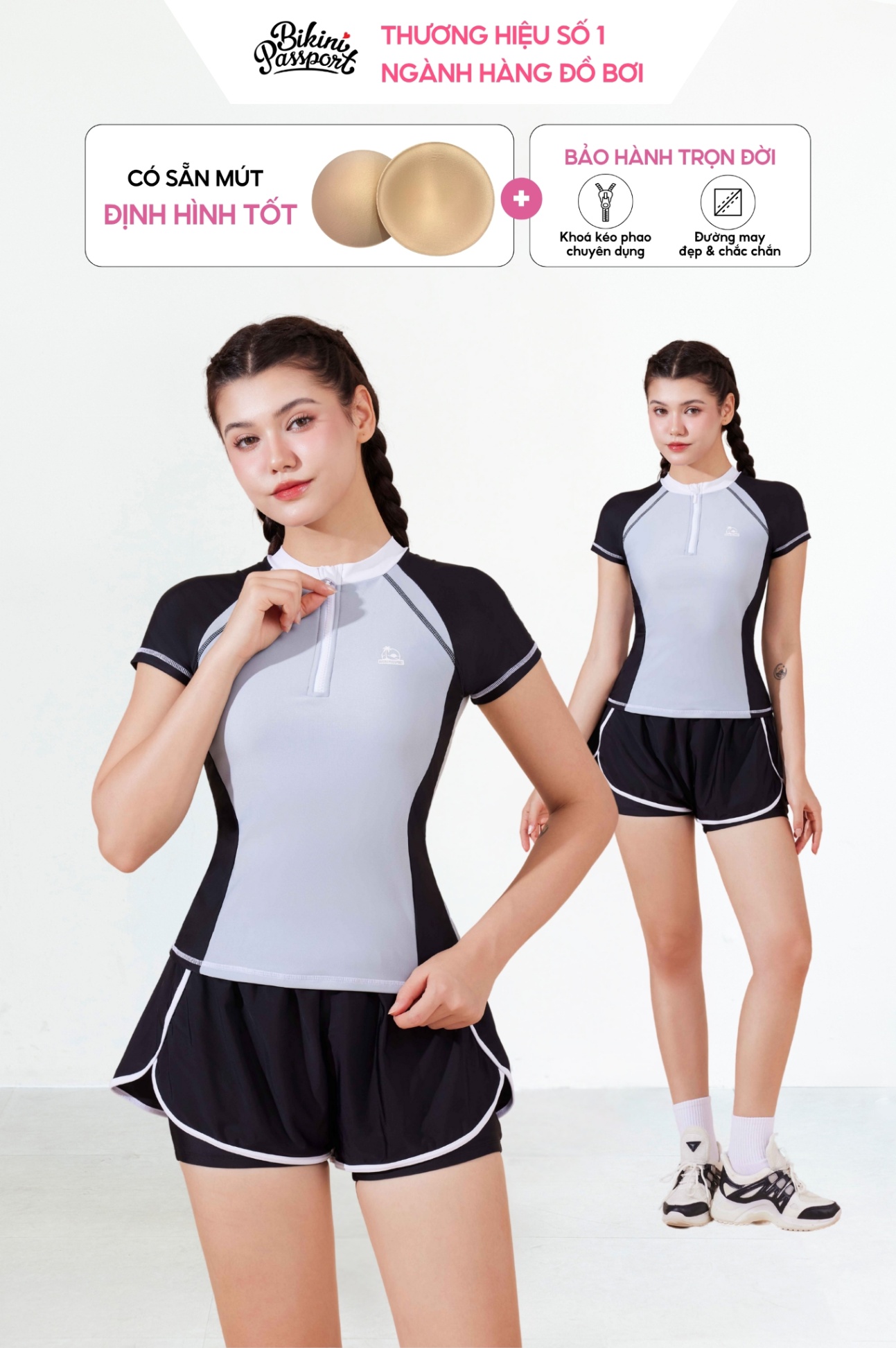 Đồ bơi BIKINI PASSPORT hai mảnh short tay ngắn - Đen Xám