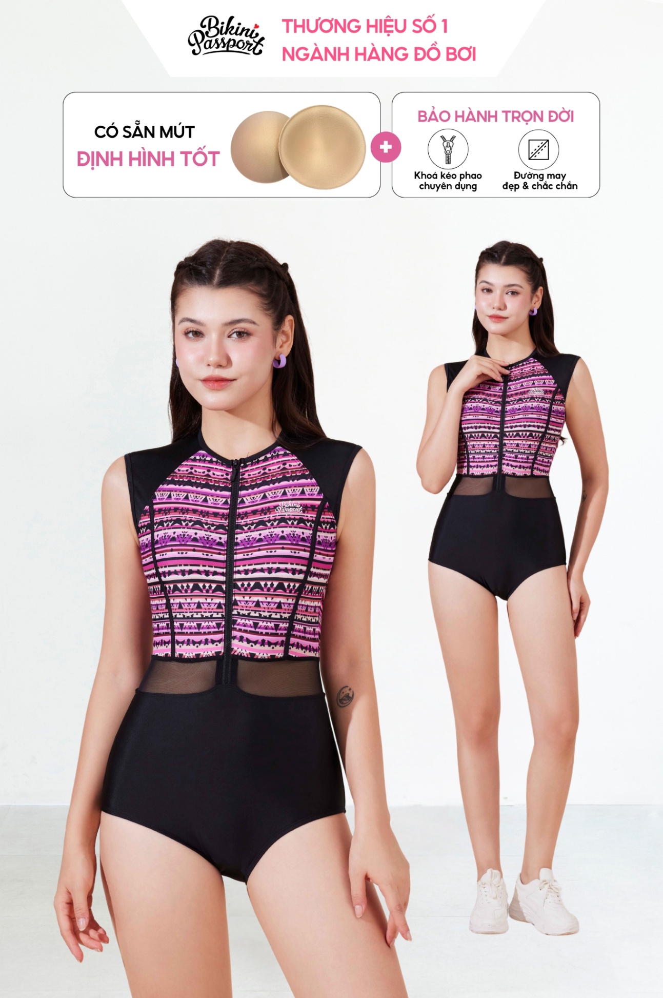 Đồ bơi BIKINI PASSPORT một mảnh 3 lỗ - Đen Tím