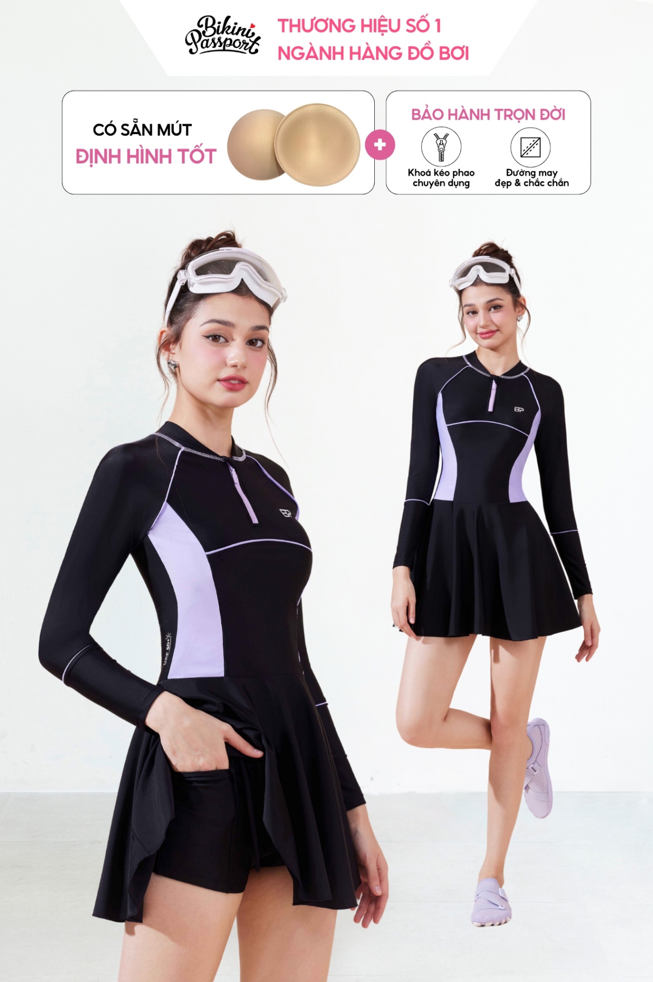 Đồ bơi BIKINI PASSPORT một mảnh liền thân 4 kim - Đen tím