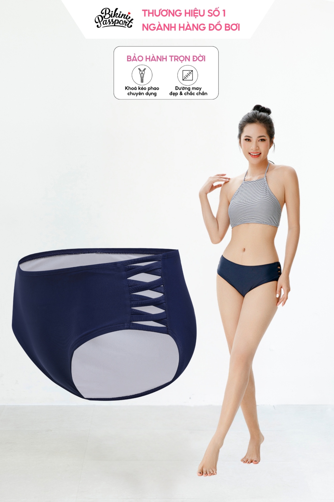 Quần bơi Nữ BIKINI PASSPORT kiểu thấp đan dây- màu Xanh Navy