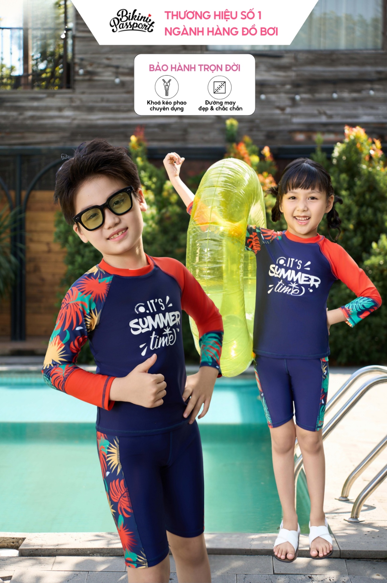 Đồ bơi Unisex cho bé dạng quần lửng, áo có tay - Cam Họa tiết