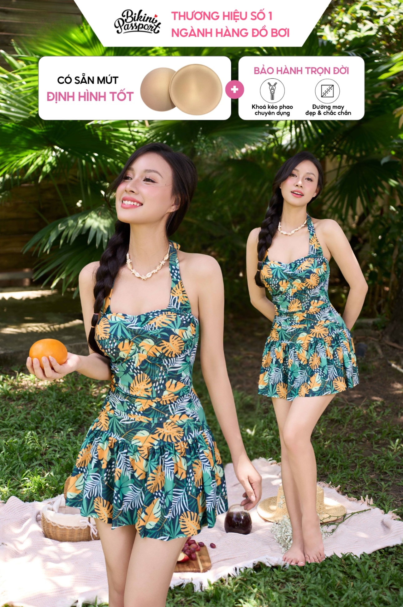 Đồ bơi một mảnh váy xếp nhún - Xanh lá cây