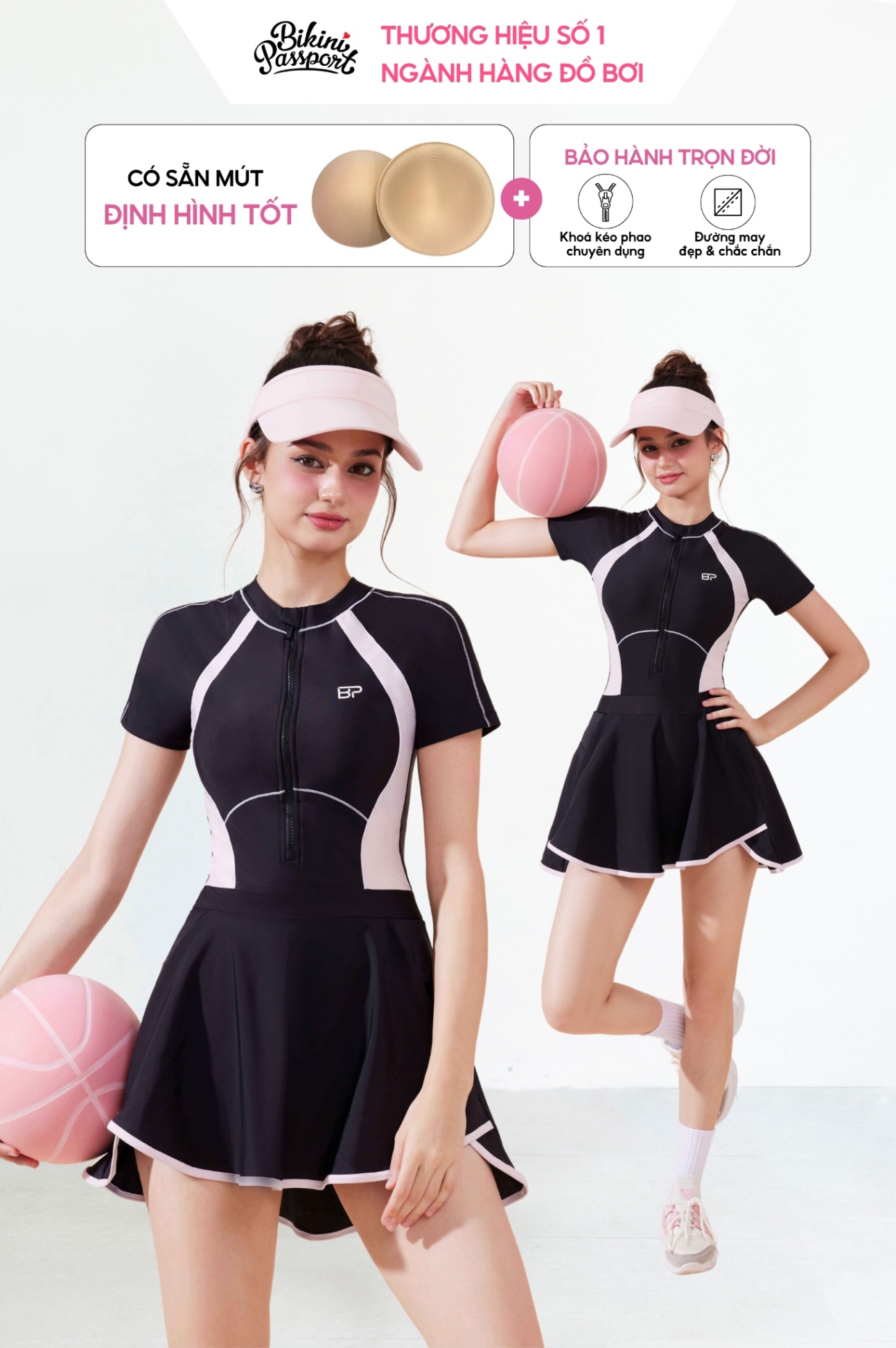 Đồ bơi BIKINI PASSPORT một mảnh đầm ngắn - Đen Hồng