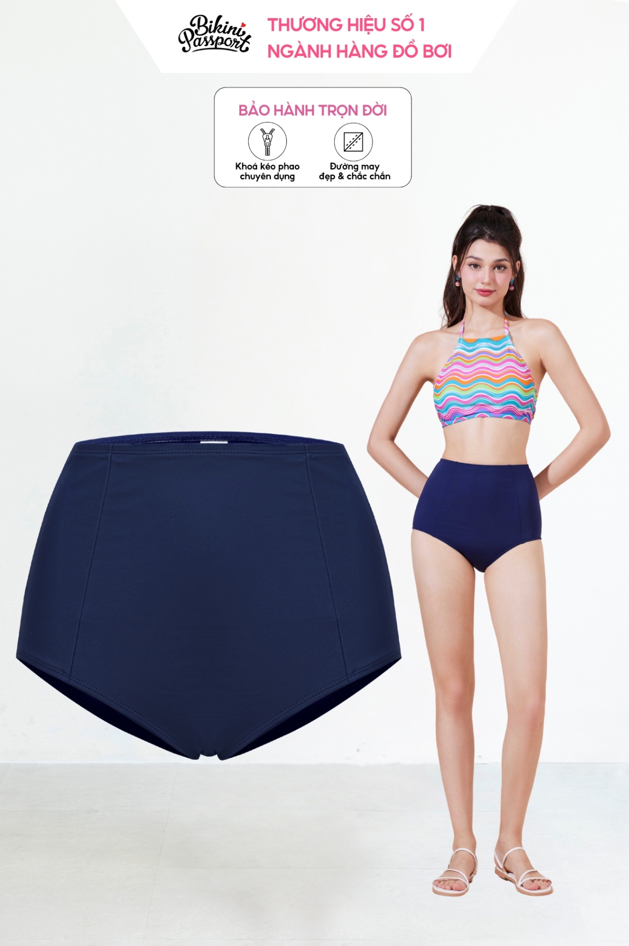 Quần bơi Nữ BIKINI PASSPORT kiểu lưng cao- màu Xanh navy