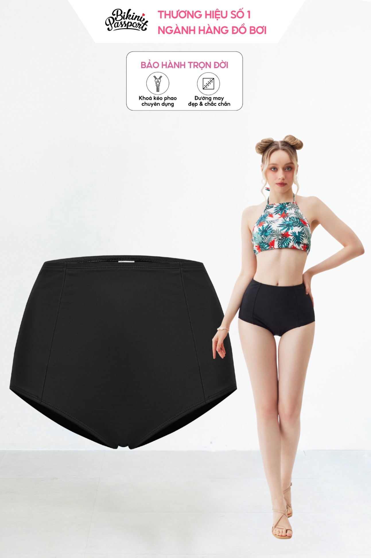 Quần bơi Nữ BIKINI PASSPORT kiểu Lưng cao - màu Đen