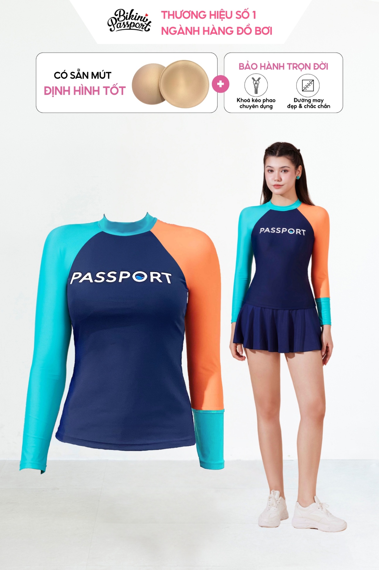 Áo lẻ tay dài lệch màu - Xanh Navy - Cam