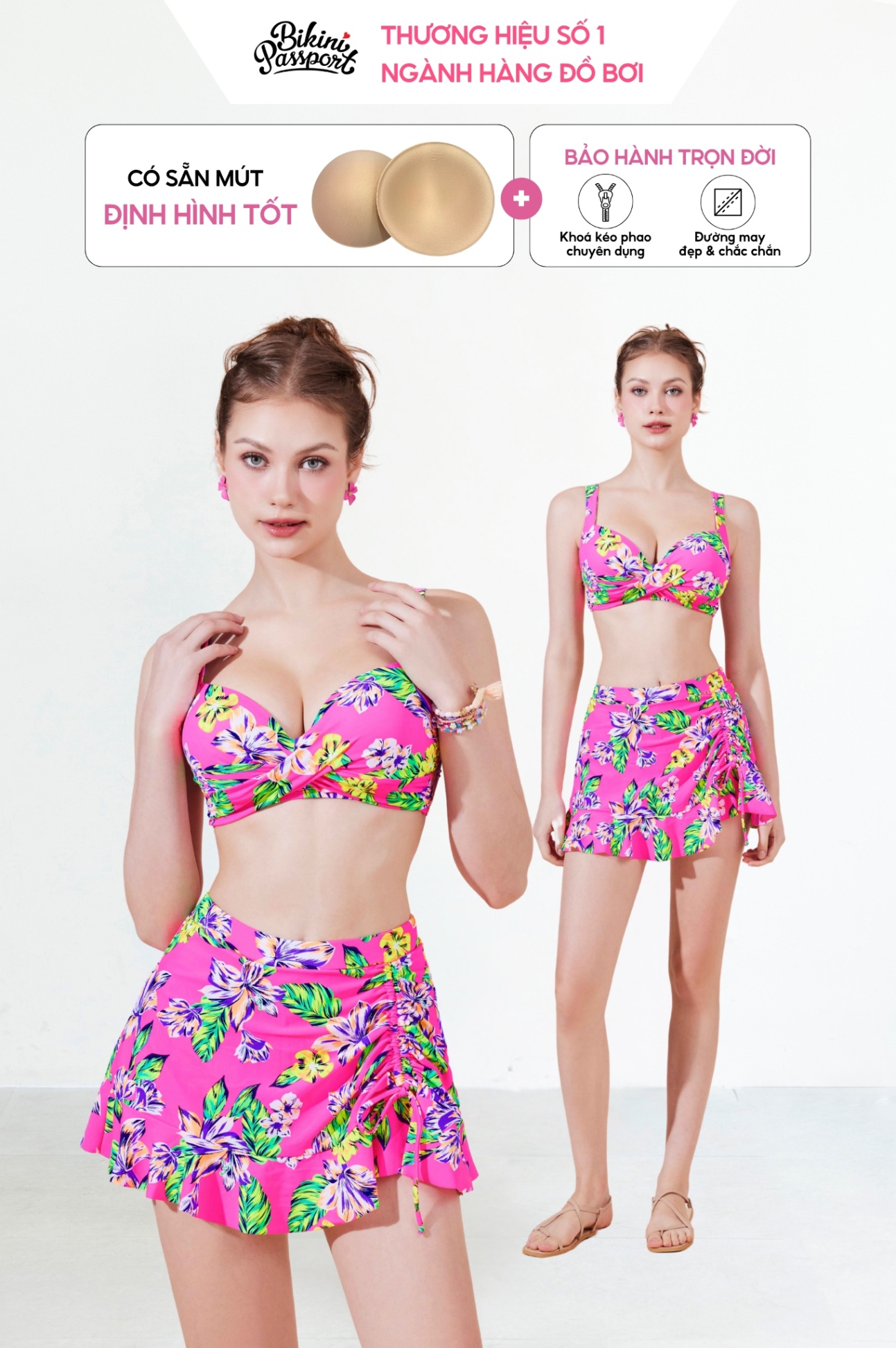 Đồ bơi BIKINI PASSPORT hai mảnh váy áo bra - Hồng