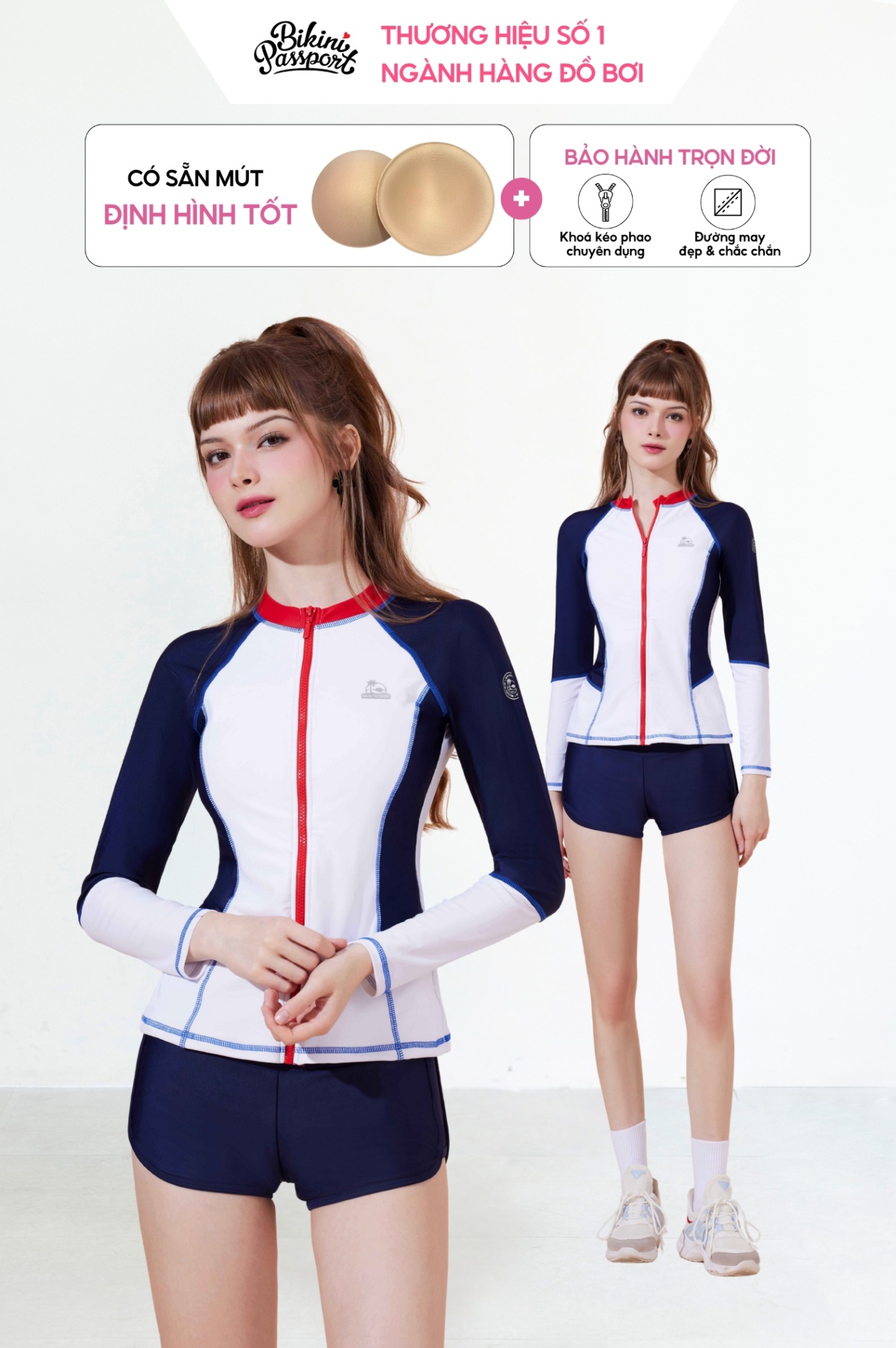 Hai mảnh quần short, áo tay dài khóa kéo trước - Xanh Navy