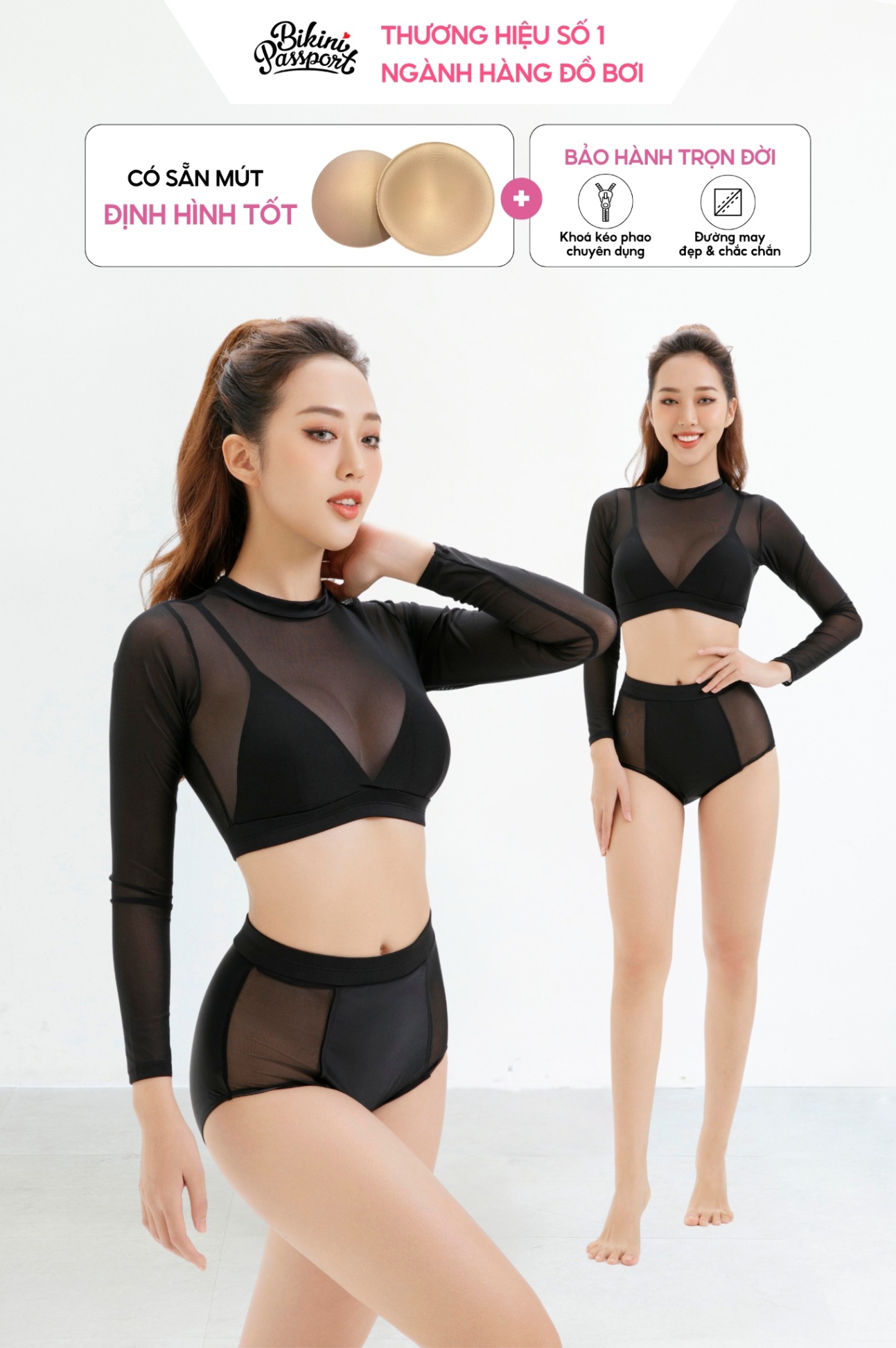 Lưng cao áo tay dài phối lưới - Đen